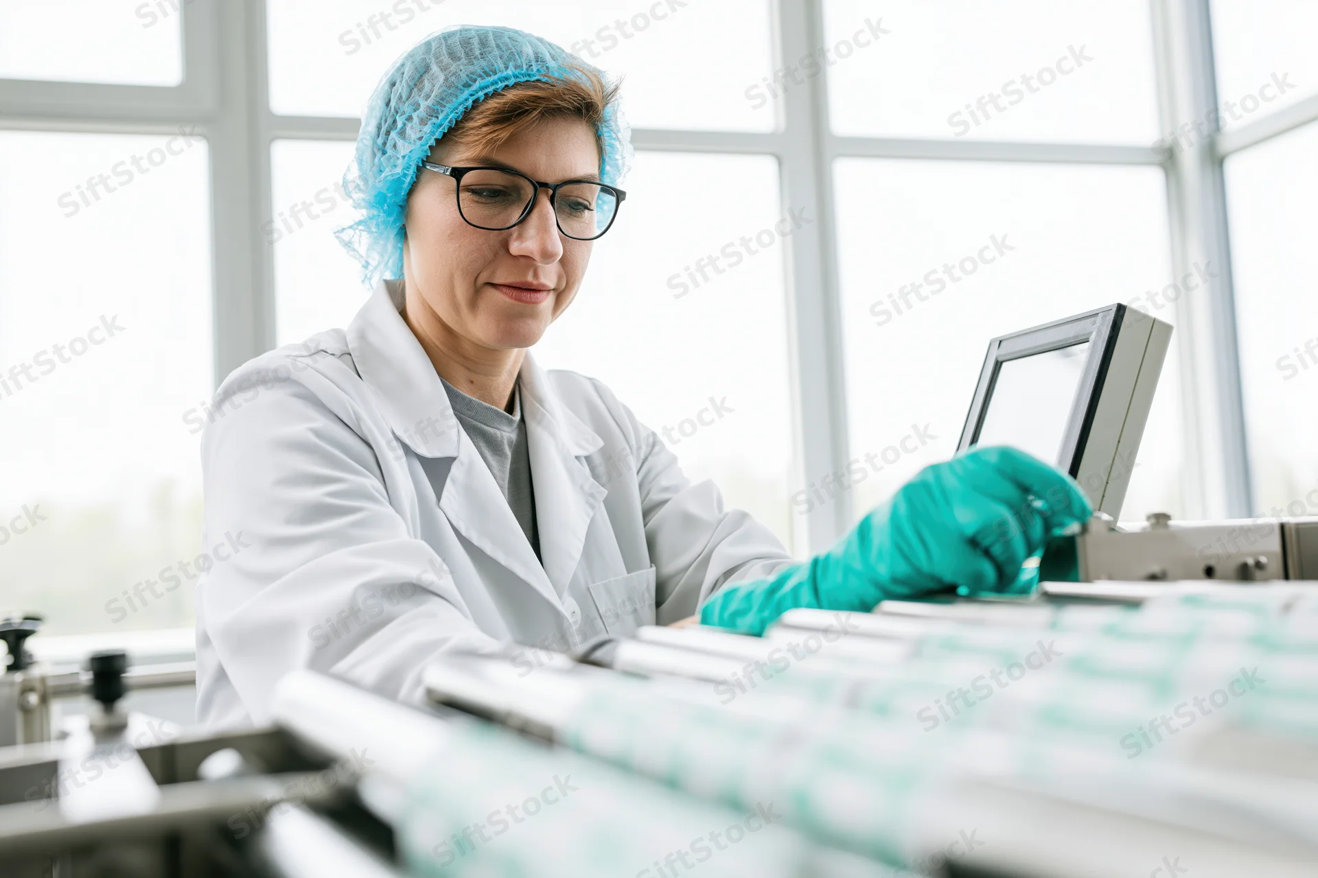Woman in lab coat and hairnet inspecting equipment on a production line
