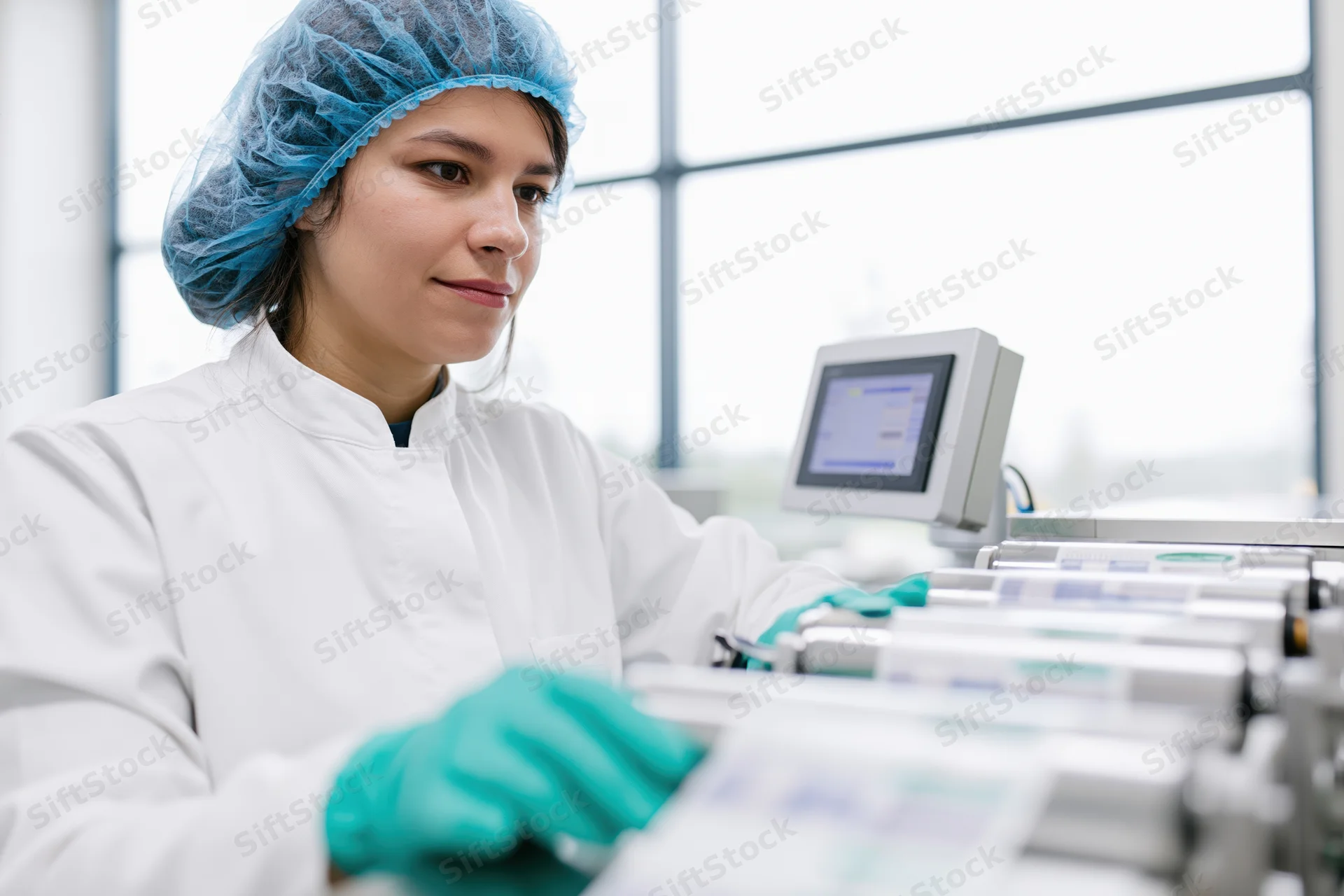 Woman in lab coat and hairnet inspecting medical vials on production line