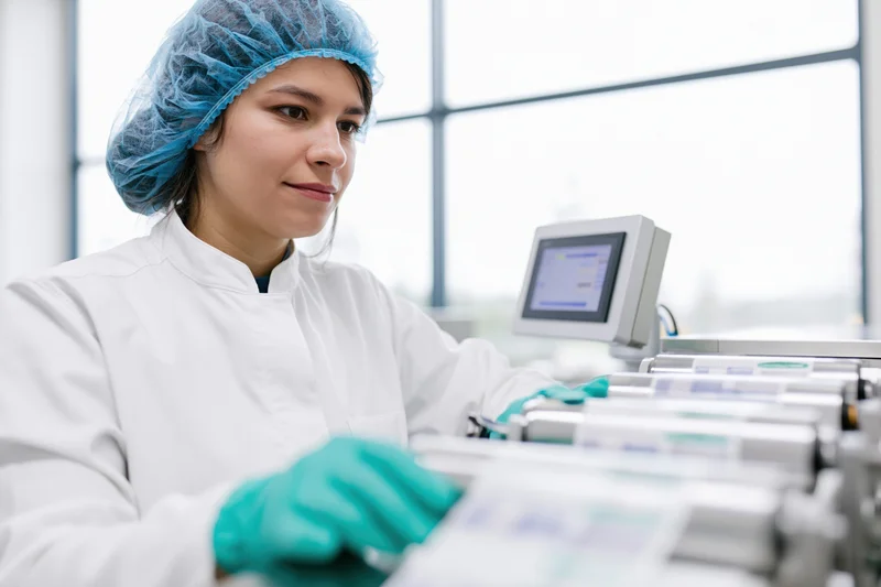 Woman in lab coat and hairnet inspecting medical vials on production line