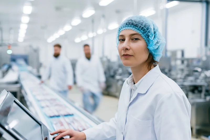 Woman in lab coat and blue hairnet operating control panel in factory production line