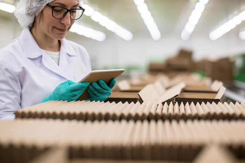 Woman in lab coat and hairnet inspecting cardboard boxes with tablet in factory