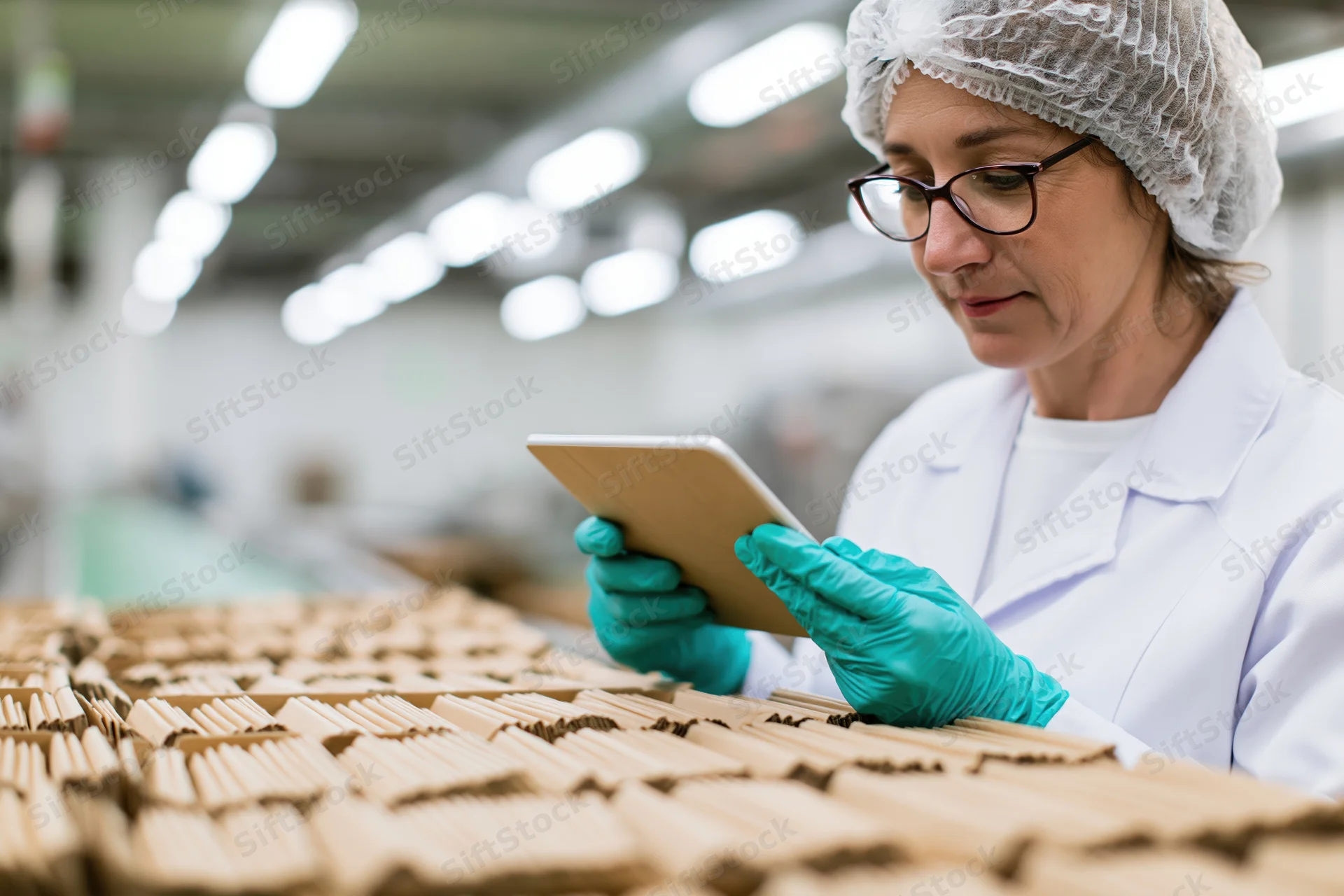 Woman in lab coat and hairnet inspecting cardboard boxes with tablet in factory