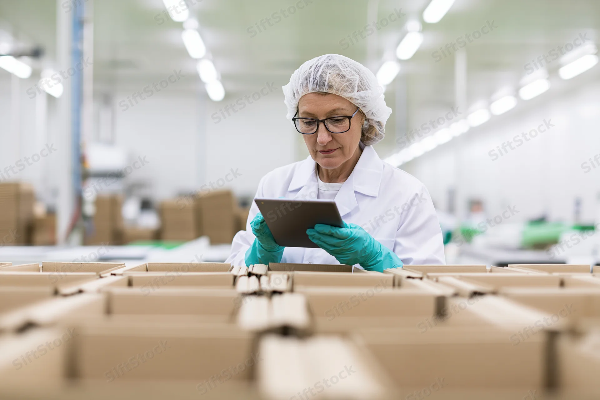 Woman in lab coat and hairnet inspecting production line with tablet in factory