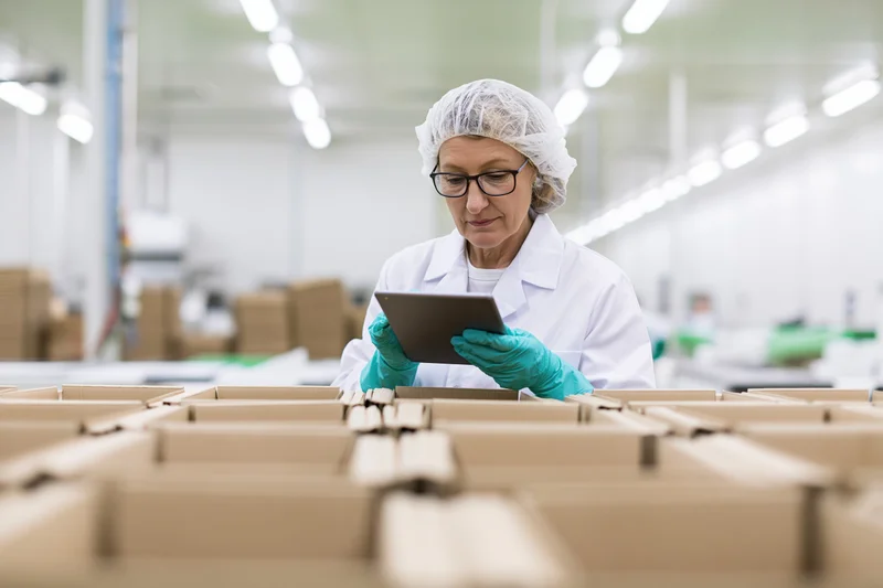 Woman in lab coat and hairnet inspecting production line with tablet in factory