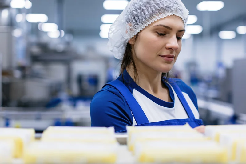 Woman in blue overalls and white hairnet inspecting cheese packages on a conveyor line in a food factory