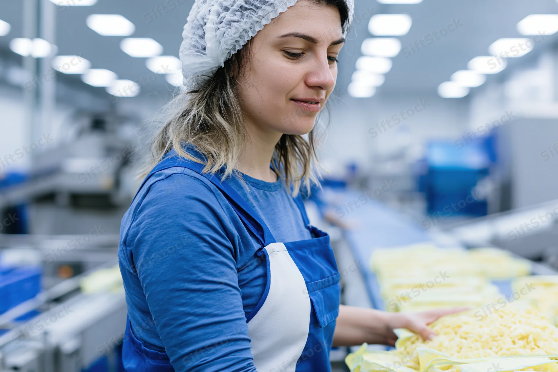Woman in blue overalls and white hairnet inspecting pasta on a conveyor belt in a food factory