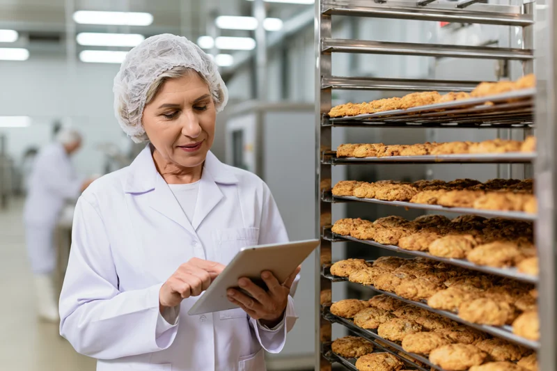 Woman in white coat and hairnet using tablet to inspect cookies on racks in bakery factory