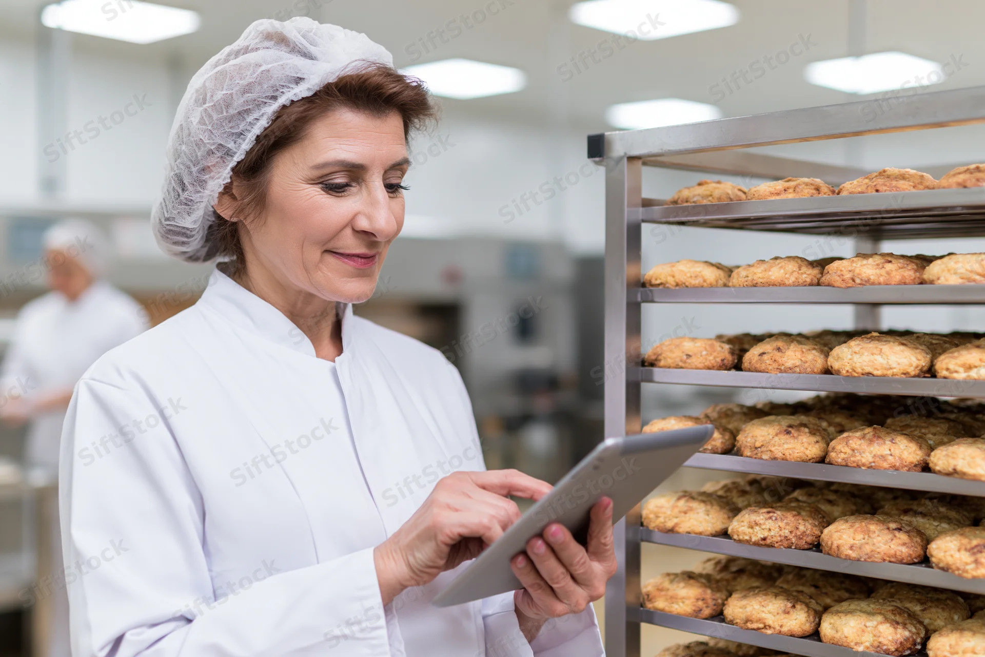 Woman in white coat and hairnet using tablet beside rack of baked goods in factory kitchen