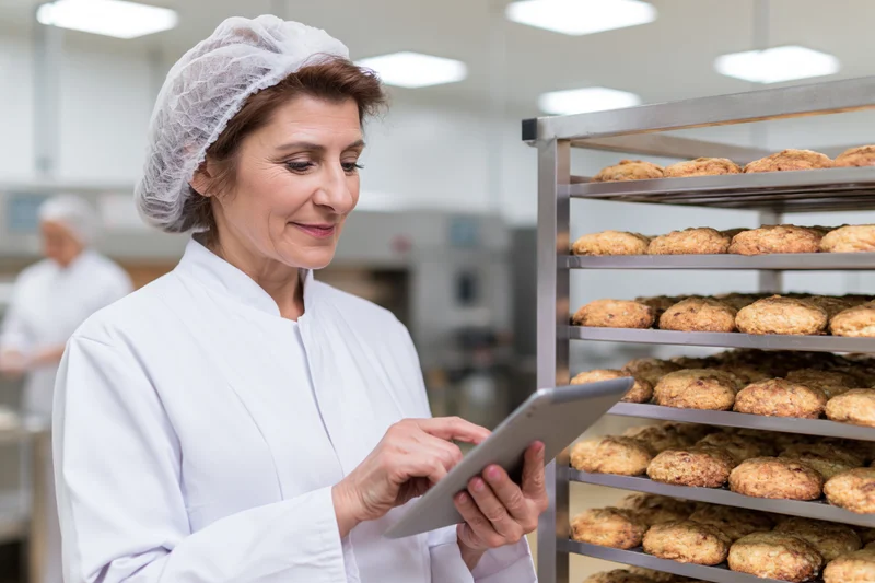 Woman in white coat and hairnet using tablet beside rack of baked goods in factory kitchen