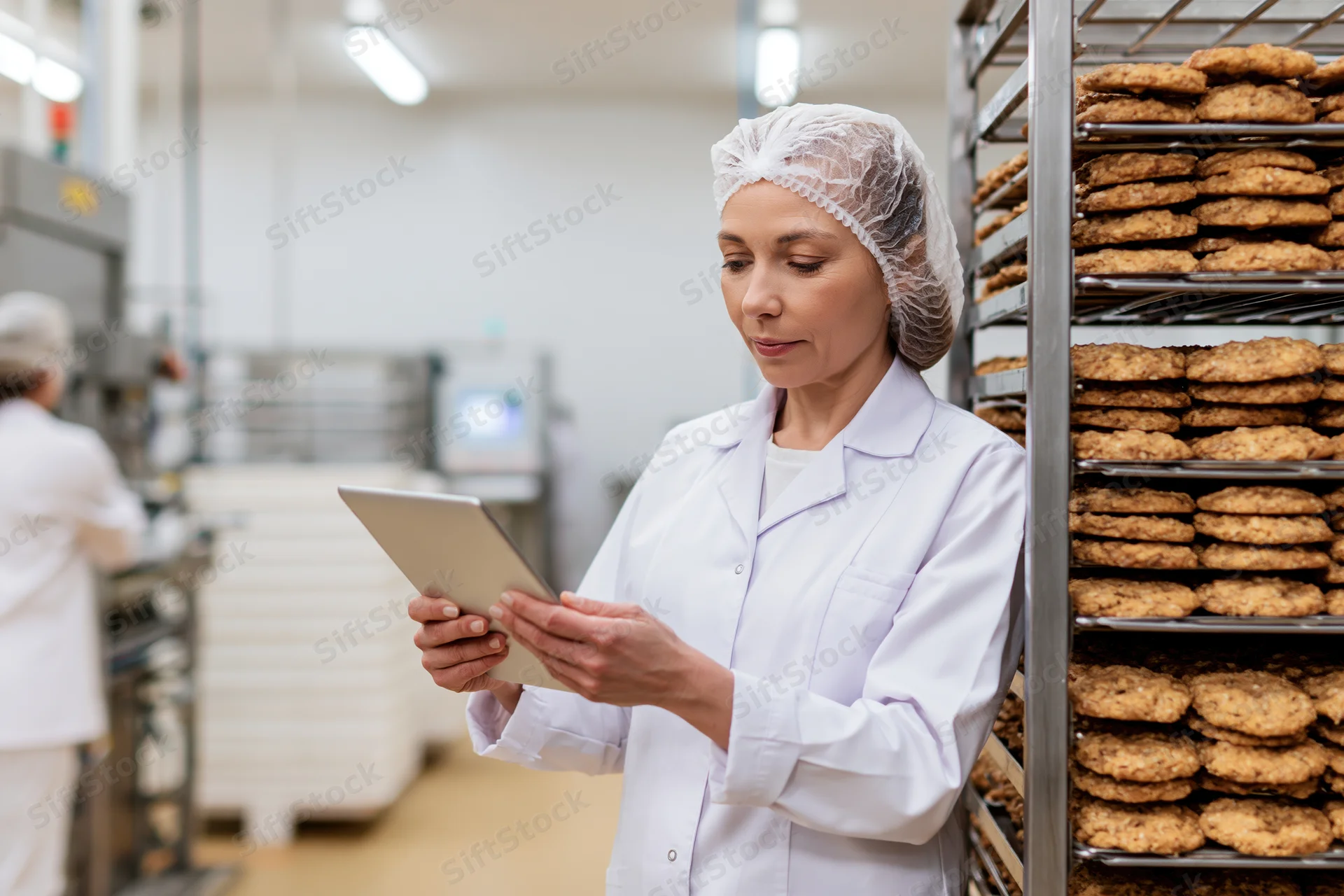 Woman in white coat and hairnet using tablet for inspection in bakery factory