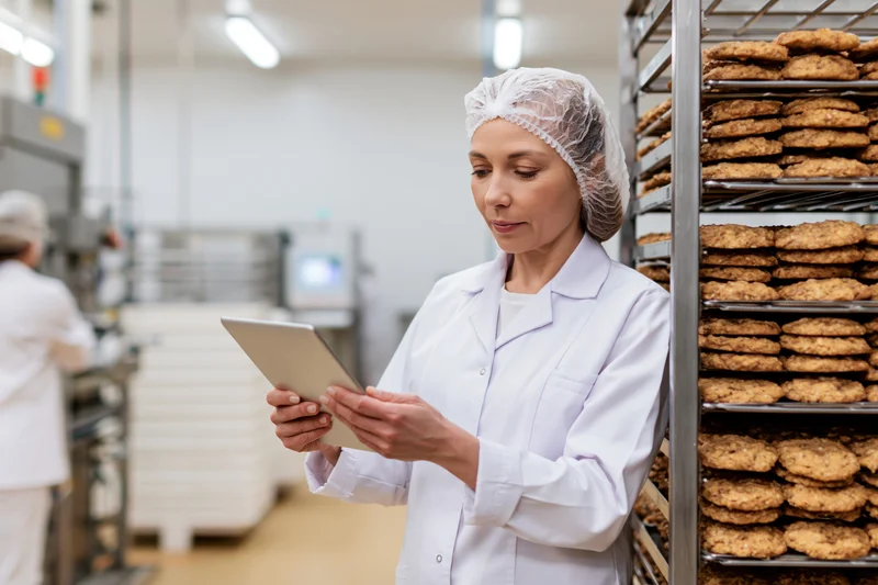 Woman in white coat and hairnet using tablet for inspection in bakery factory