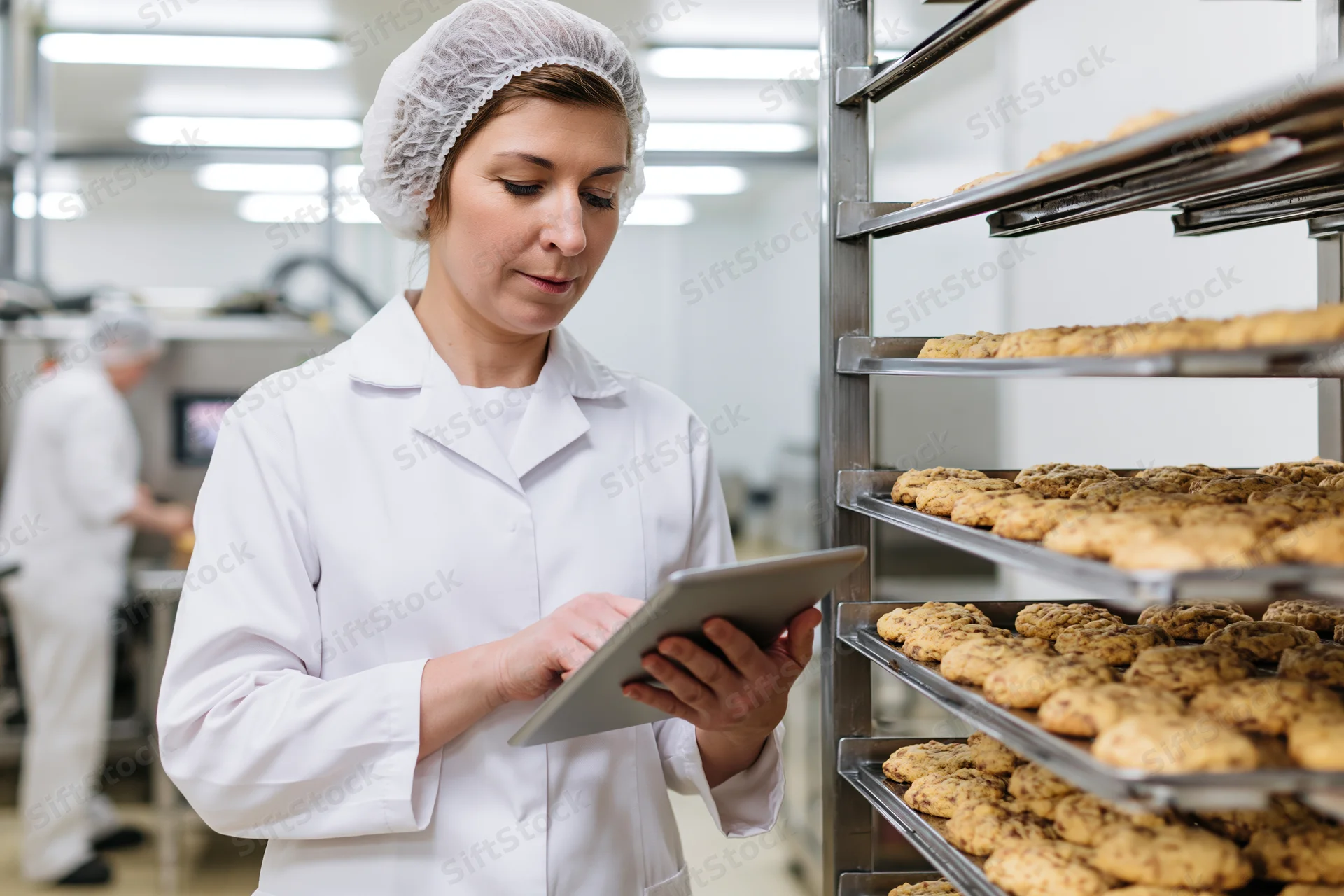 Woman in white coat and hairnet using tablet to inspect cookies on metal racks in food factory