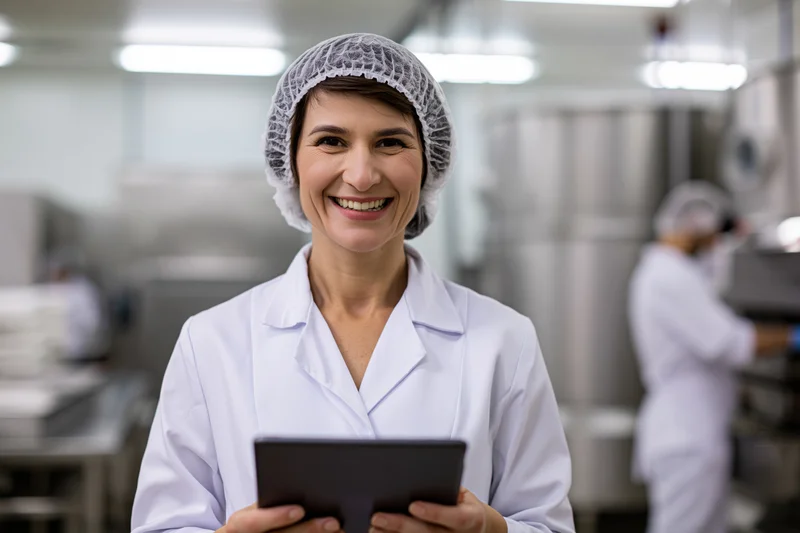 Woman in white lab coat and hairnet holding tablet in food factory production area
