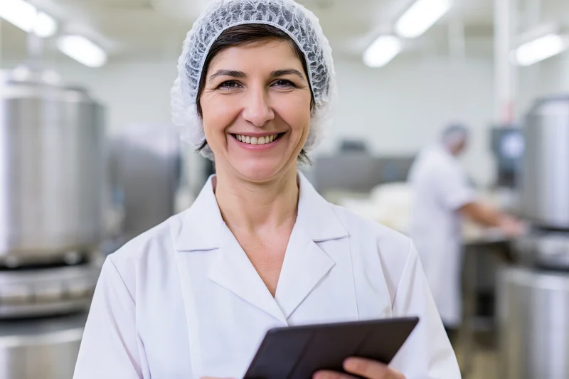 Woman in white lab coat and hairnet holding tablet in food factory production area
