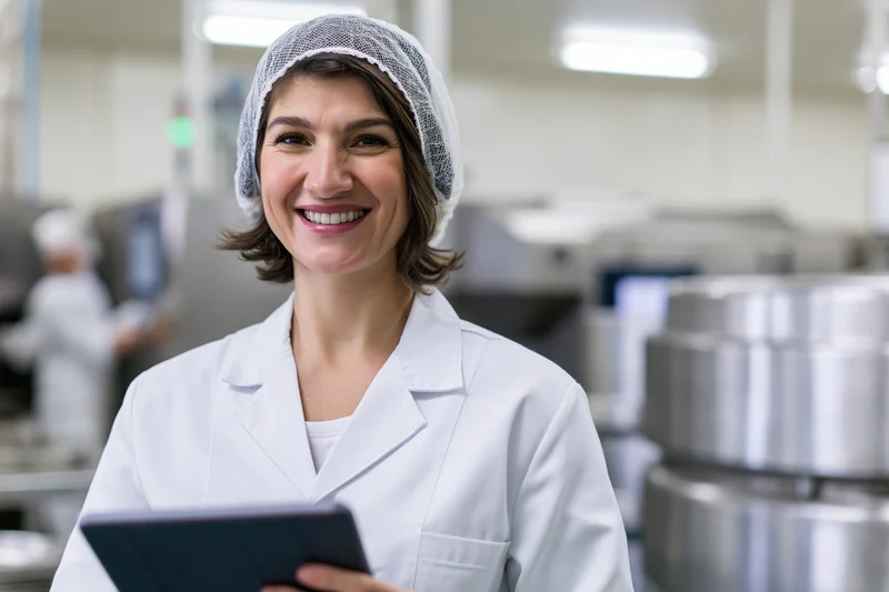 Woman in white lab coat and hairnet smiling while holding tablet in food factory