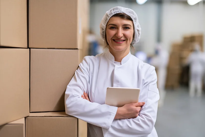 Woman in white lab coat and hairnet leaning against stacked cardboard boxes in a food factory warehouse, holding a tablet with arms crossed and smiling