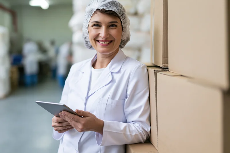 Woman in white lab coat and hairnet smiling while holding tablet in food factory warehouse