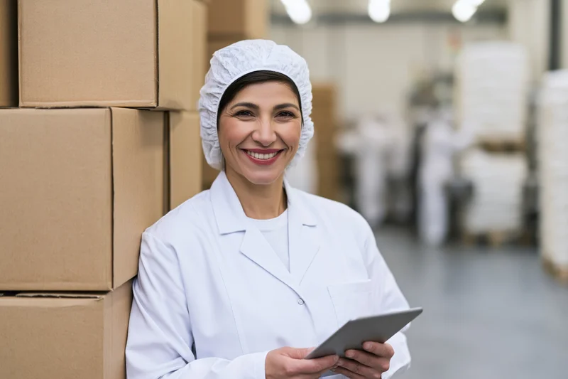 Woman in white lab coat and hairnet smiling while holding tablet in food factory warehouse