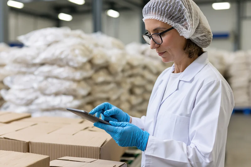Woman in lab coat and hairnet using tablet for inspection in food factory warehouse