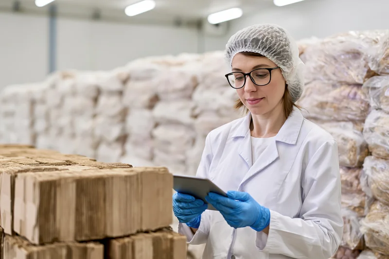 Woman in lab coat and hairnet using tablet for inspection in food factory warehouse