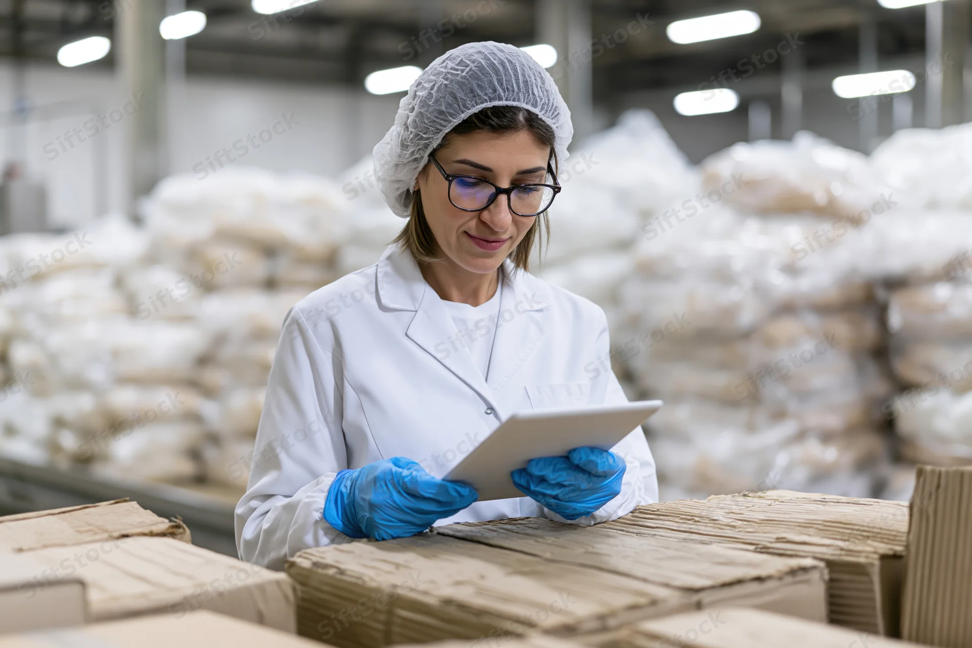 Woman in lab coat and hairnet inspecting boxes with tablet in food factory