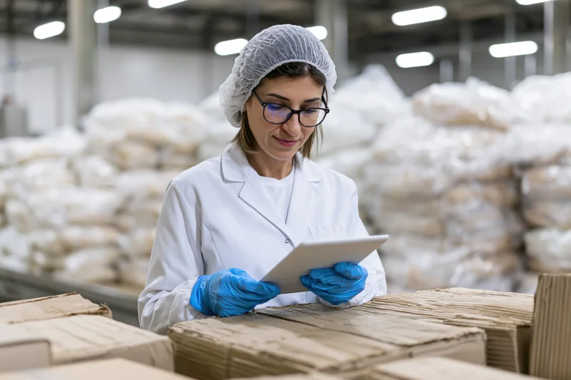 Woman in lab coat and hairnet inspecting boxes with tablet in food factory