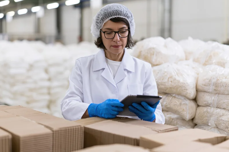 Woman in lab coat and hairnet using tablet for inspection in food factory warehouse