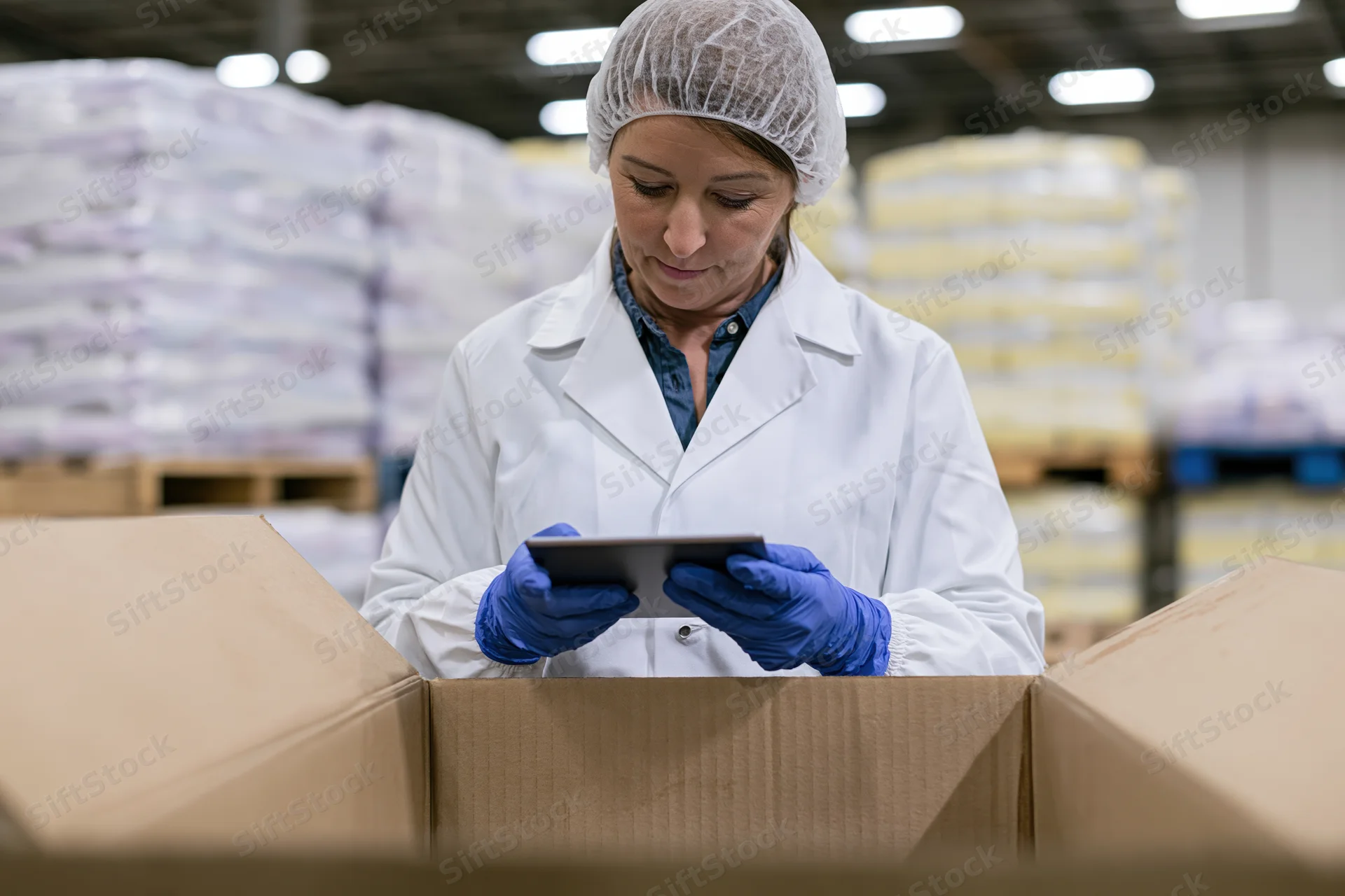 Woman in lab coat and hairnet inspecting a box with tablet in a food factory warehouse