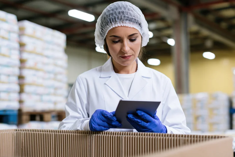Woman in lab coat and hairnet inspecting tablet in food factory warehouse