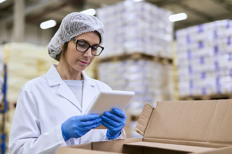 Woman in lab coat and hairnet using tablet for inspection in food factory warehouse