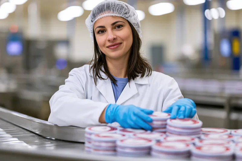 Woman in lab coat and hairnet arranging food containers on conveyor belt in factory