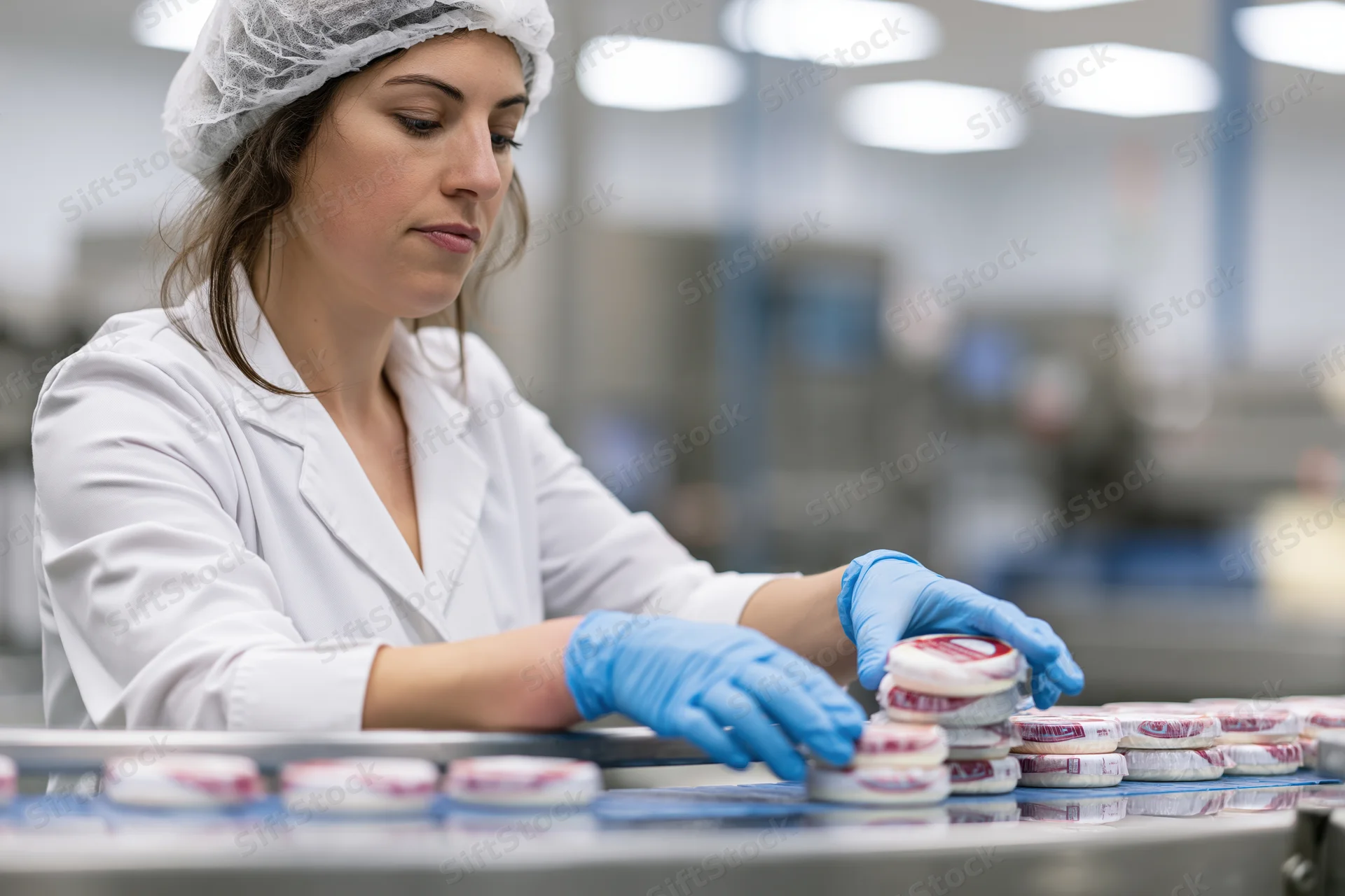 Woman in lab coat and hairnet inspecting yogurt containers on conveyor belt in food factory