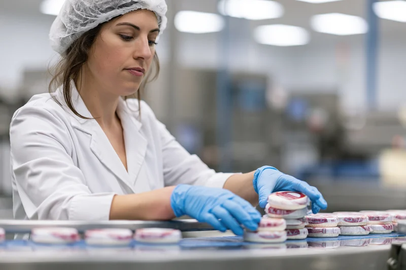 Woman in lab coat and hairnet inspecting yogurt containers on conveyor belt in food factory