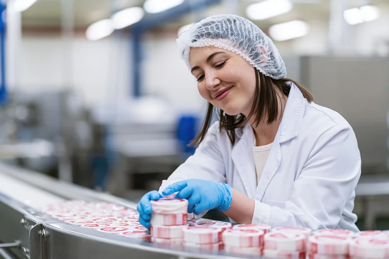Woman in lab coat and hairnet inspecting yogurt containers on conveyor belt in food factory
