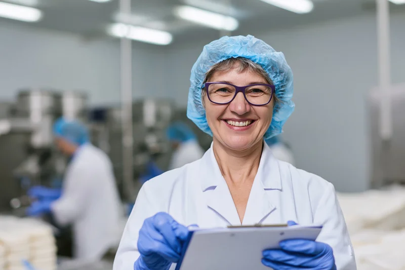 Woman in labcoat and hairnet smiling while holding clipboard in food factory