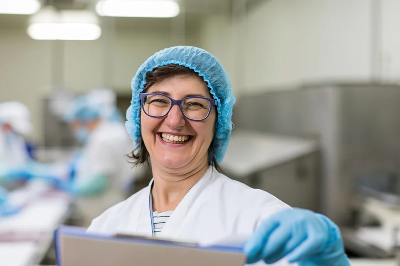 Woman in labcoat and hairnet smiling while holding clipboard in food factory