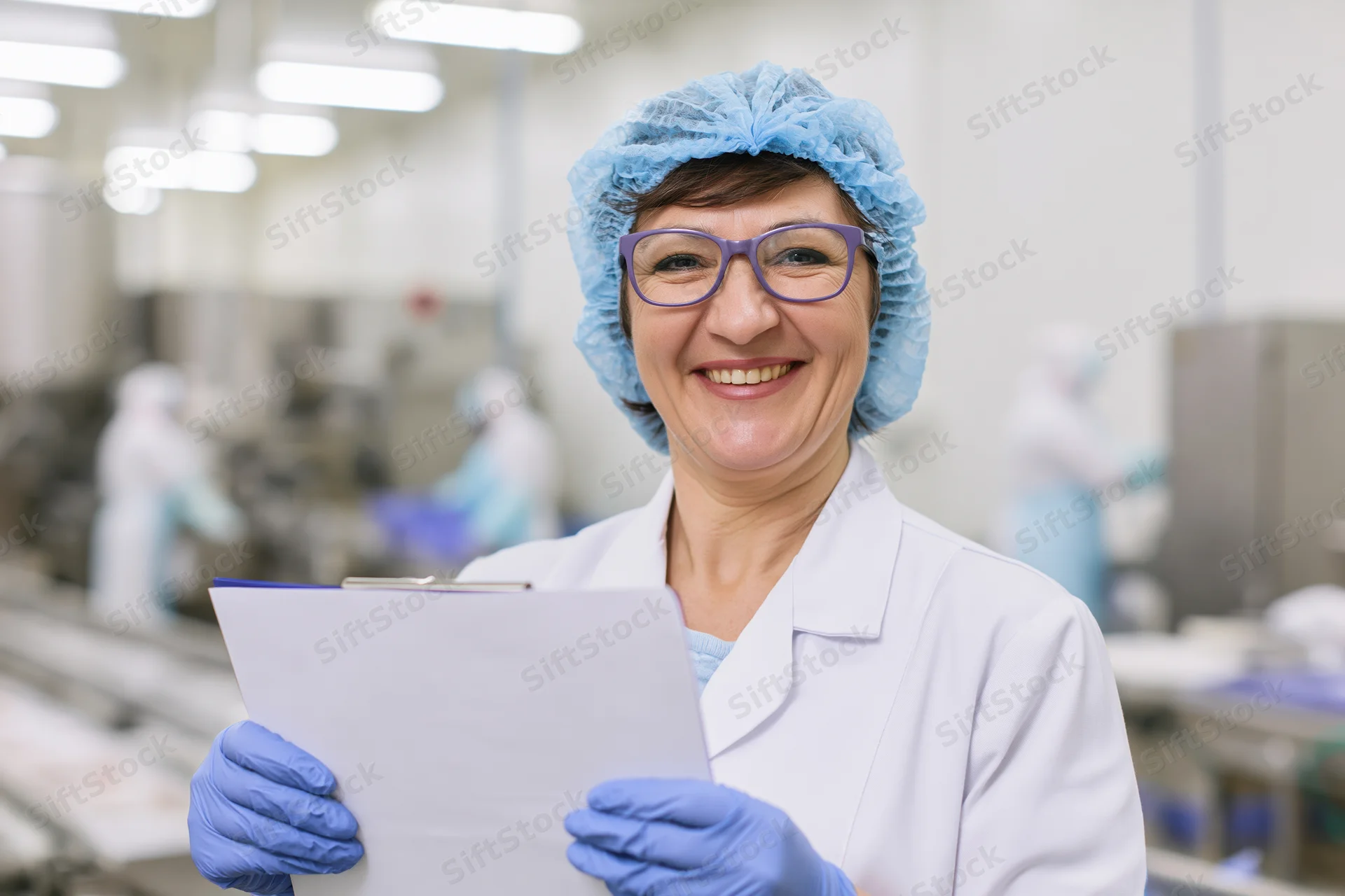 Woman in labcoat and hairnet smiling while holding clipboard in food factory
