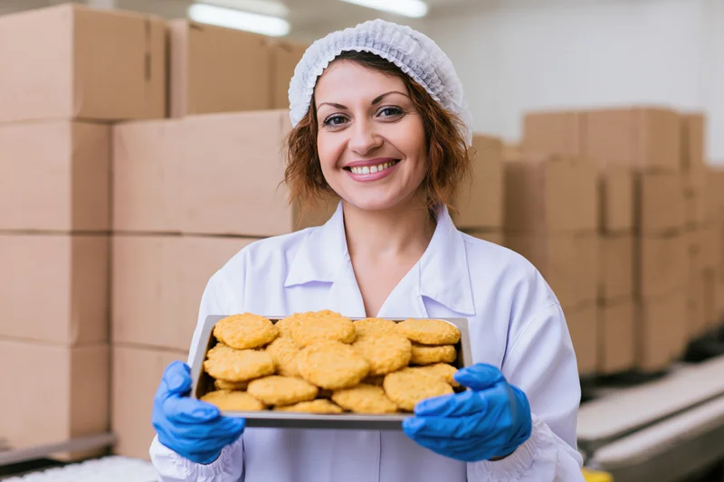 Woman in factory uniform holding tray of cookies in food production facility