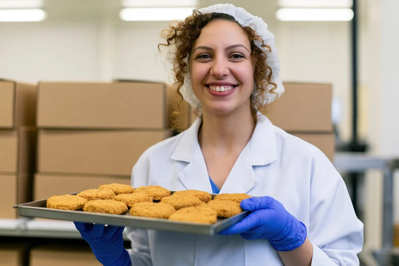 Woman in labcoat and hairnet smiling while holding tray of baked goods in factory setting