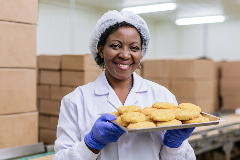 Woman in labcoat and hairnet holding tray of chicken nuggets in food factory