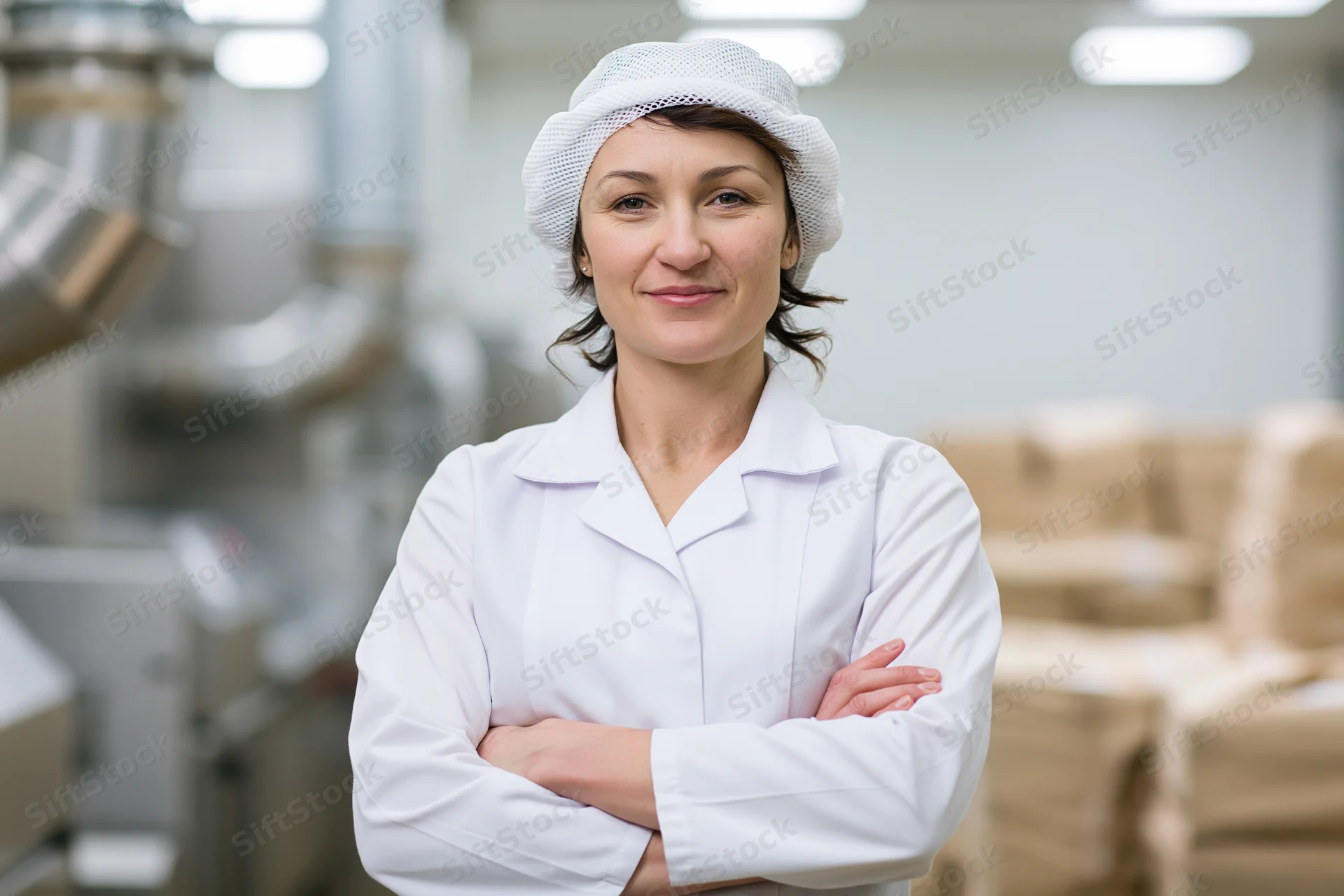 Woman in white coat and hairnet standing with arms crossed in food factory interior