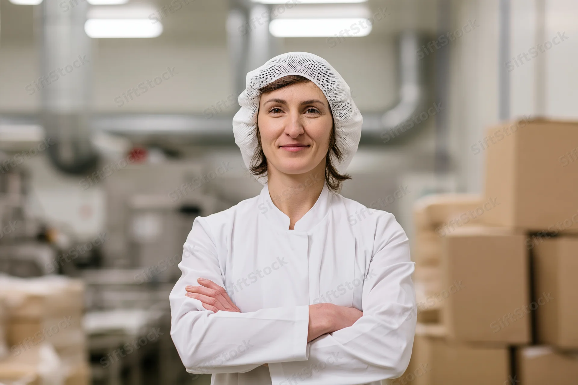 Woman in white coat and hairnet standing with arms crossed in food factory