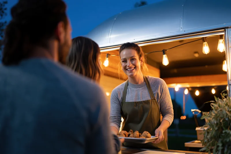 Woman in apron smiling while serving food from a food truck at evening