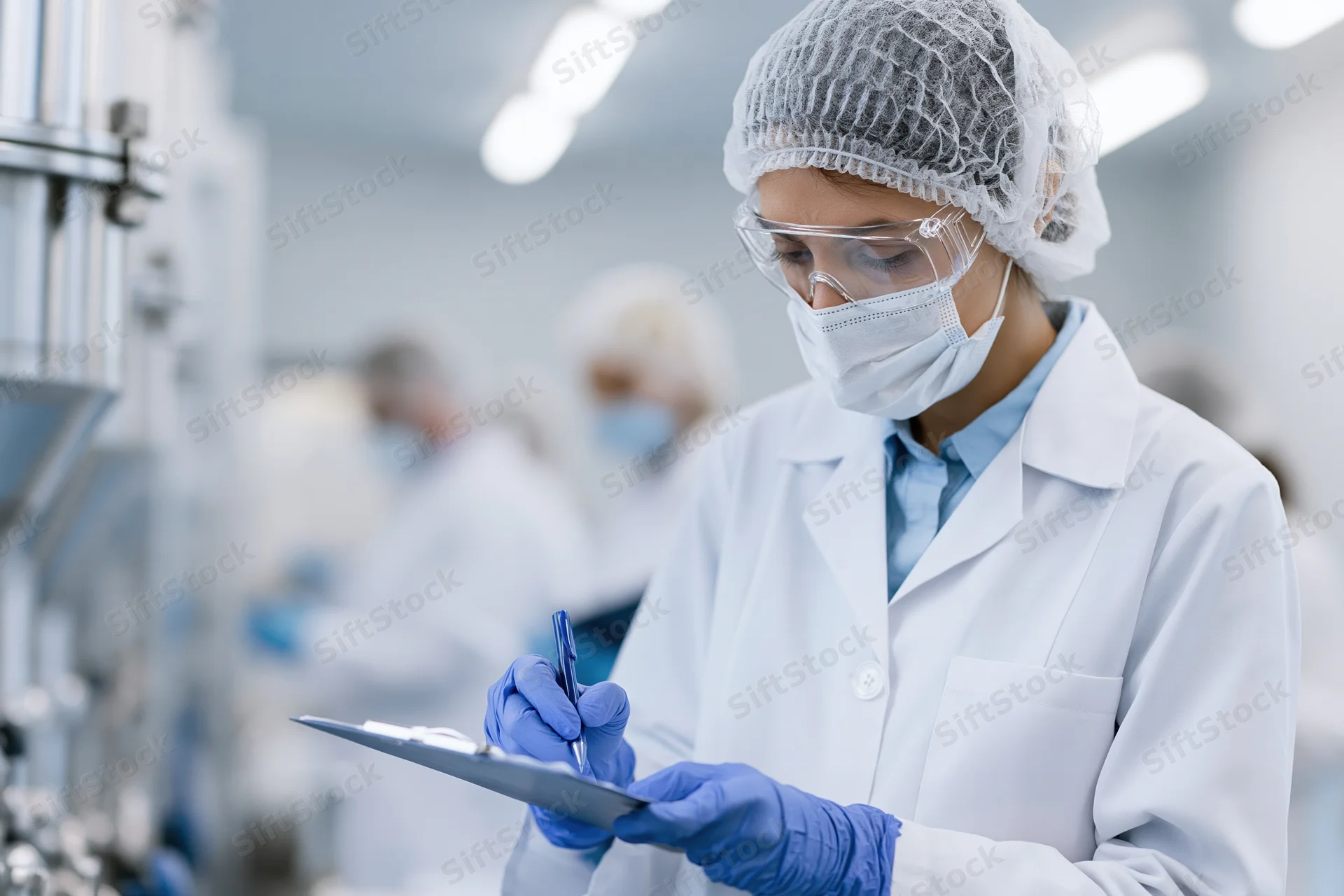 Woman in lab coat writing on clipboard in cleanroom laboratory