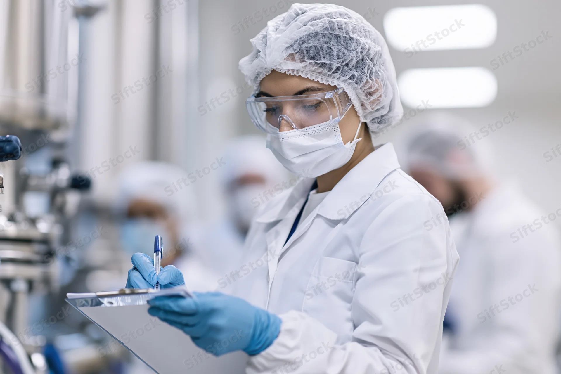 Woman in lab coat writing on clipboard in cleanroom laboratory