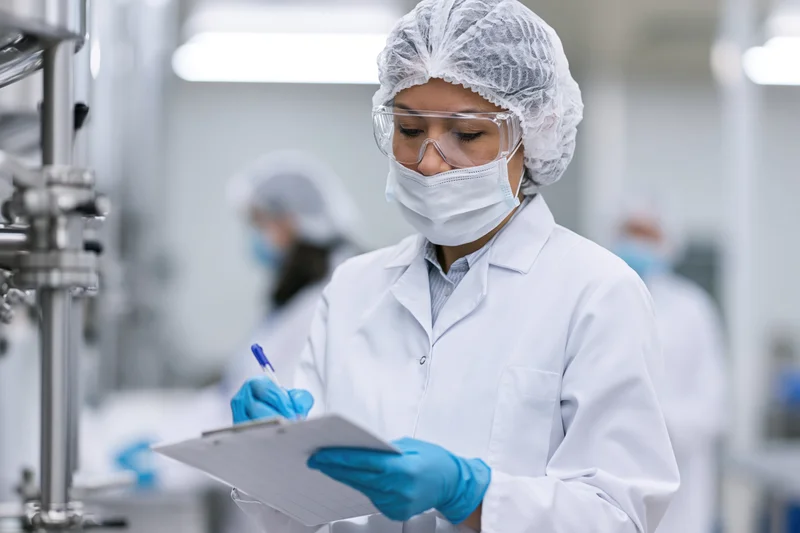 Woman in lab coat writing on clipboard during inspection in cleanroom laboratory