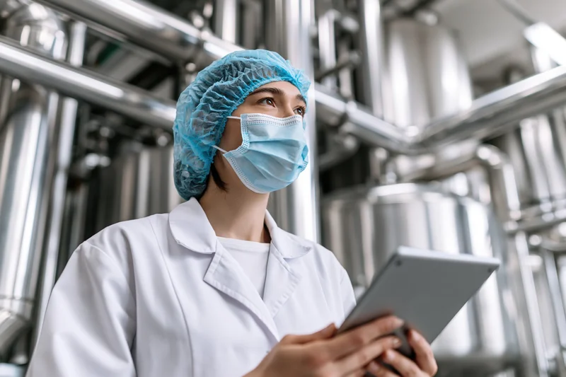 Woman in lab coat holding tablet while inspecting industrial machinery in factory