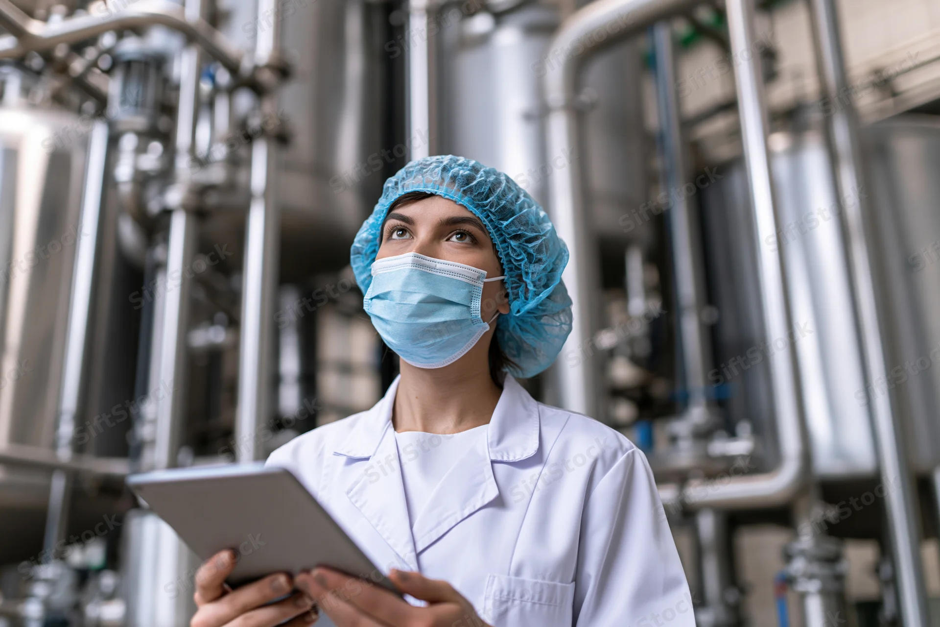Woman in lab coat and mask holding tablet in industrial factory setting