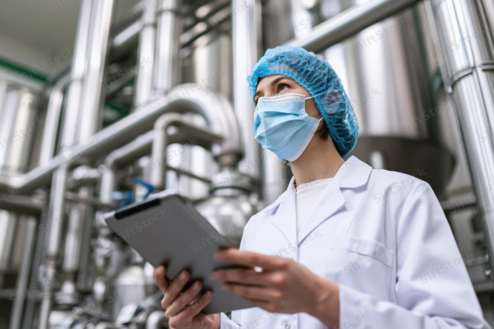 Woman in lab coat holding tablet during inspection in industrial factory