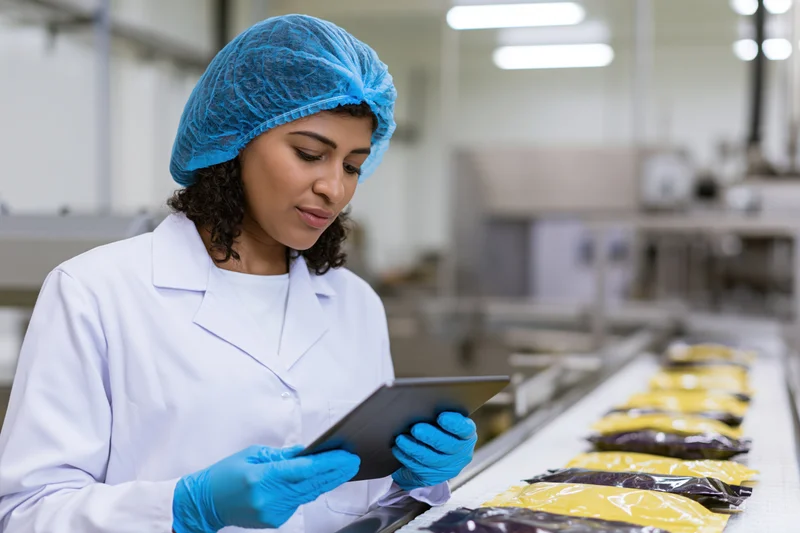Woman in lab coat using tablet to inspect packaged food on conveyor line in factory